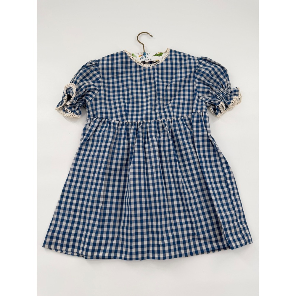 Vintage Handmade Girls Blue Gingham Puff Sleeve Crochet Lace Trim Dress